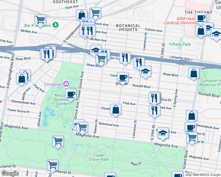 map of restaurants, bars, coffee shops, grocery stores, and more near 4126 Russell Boulevard in St. Louis