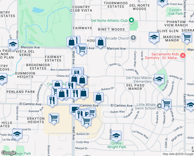 map of restaurants, bars, coffee shops, grocery stores, and more near 3682 Kings Way in Sacramento