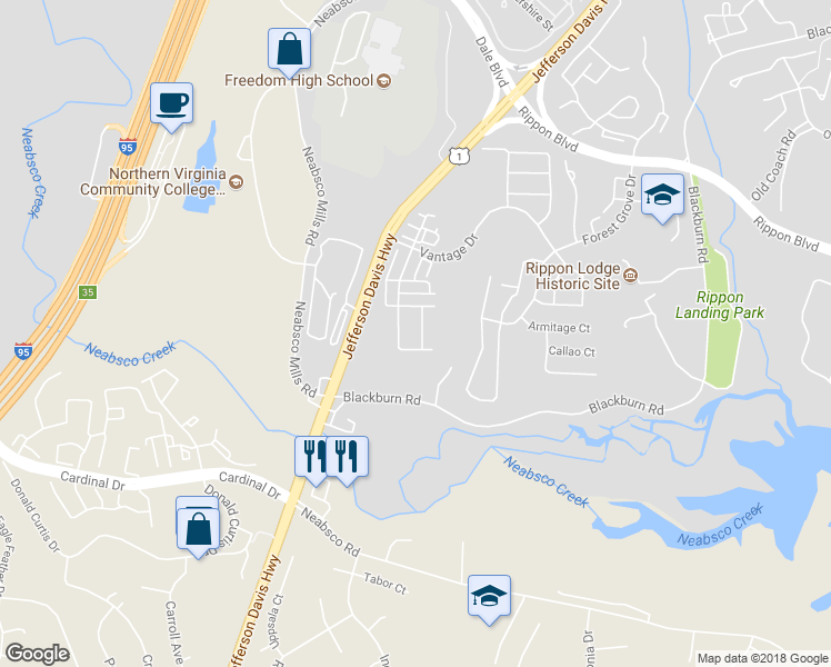 map of restaurants, bars, coffee shops, grocery stores, and more near 15718 John Diskin Circle in Woodbridge