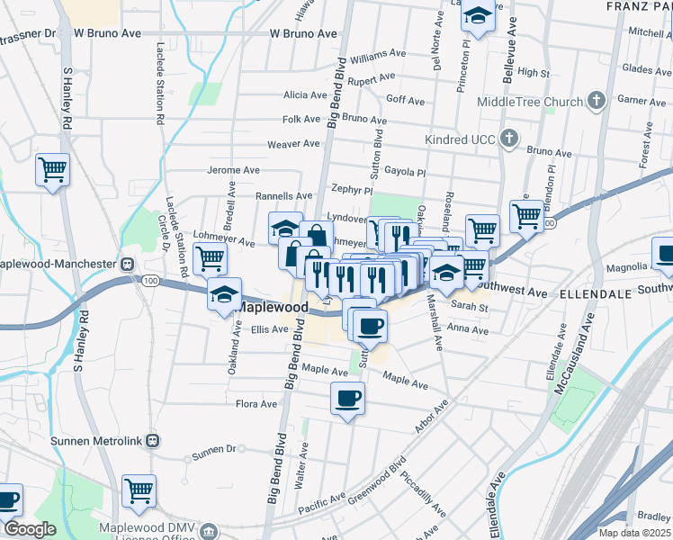 map of restaurants, bars, coffee shops, grocery stores, and more near 2614 Margarette Avenue in Maplewood