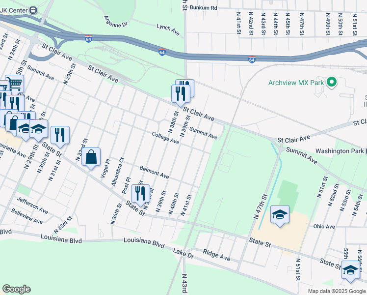 map of restaurants, bars, coffee shops, grocery stores, and more near 781 North 40th Street in East St. Louis