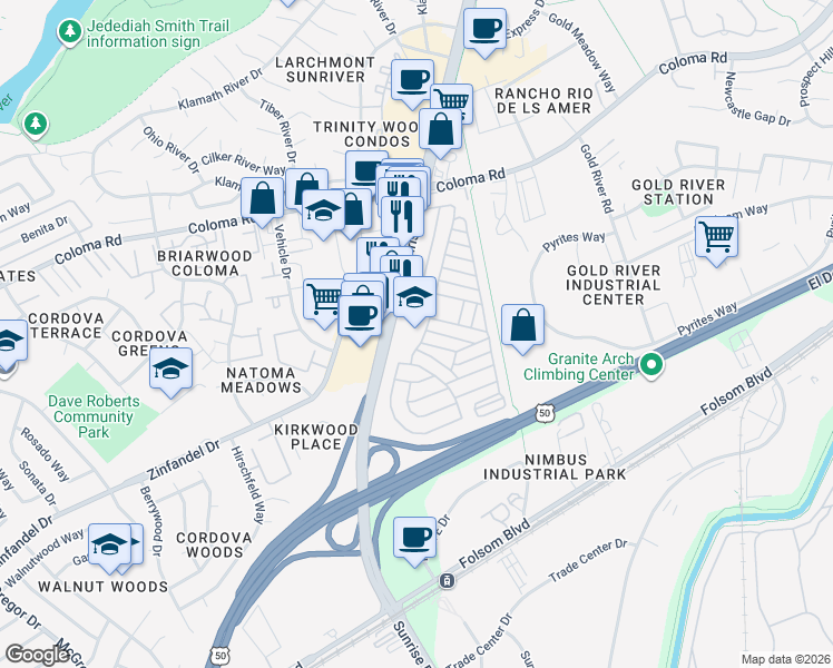 map of restaurants, bars, coffee shops, grocery stores, and more near 2475 Sunrise Boulevard in Rancho Cordova
