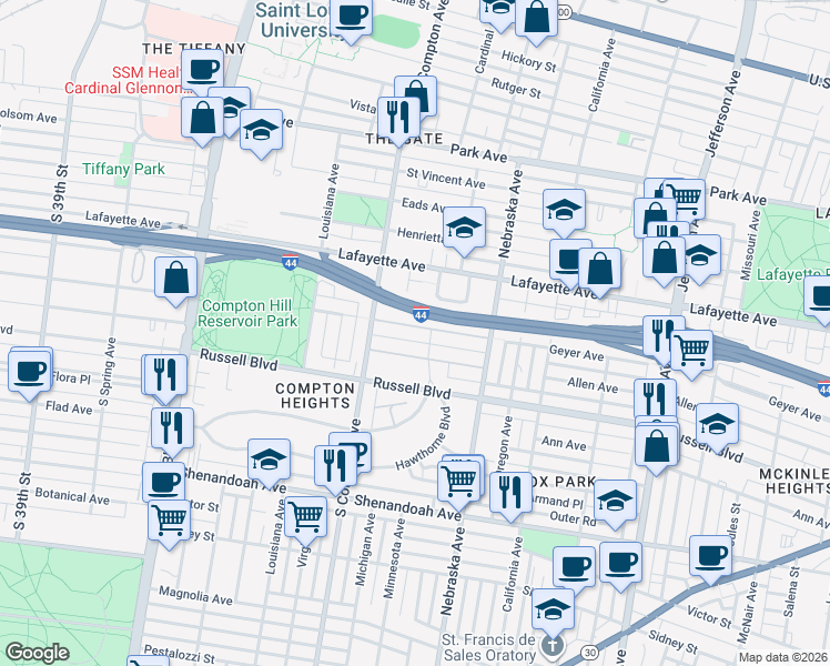 map of restaurants, bars, coffee shops, grocery stores, and more near 3116 Geyer Avenue in St. Louis