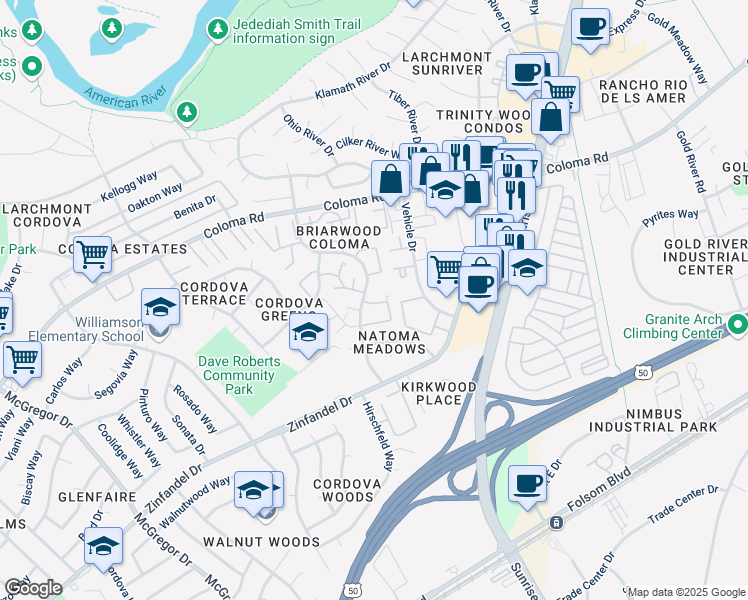 map of restaurants, bars, coffee shops, grocery stores, and more near 2372 Filmore Lane in Rancho Cordova