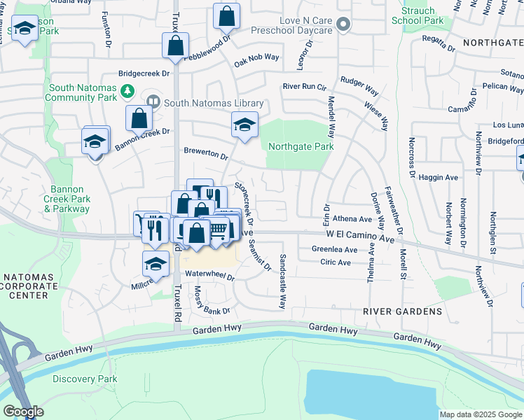 map of restaurants, bars, coffee shops, grocery stores, and more near 2660 Stonecreek Drive in Sacramento