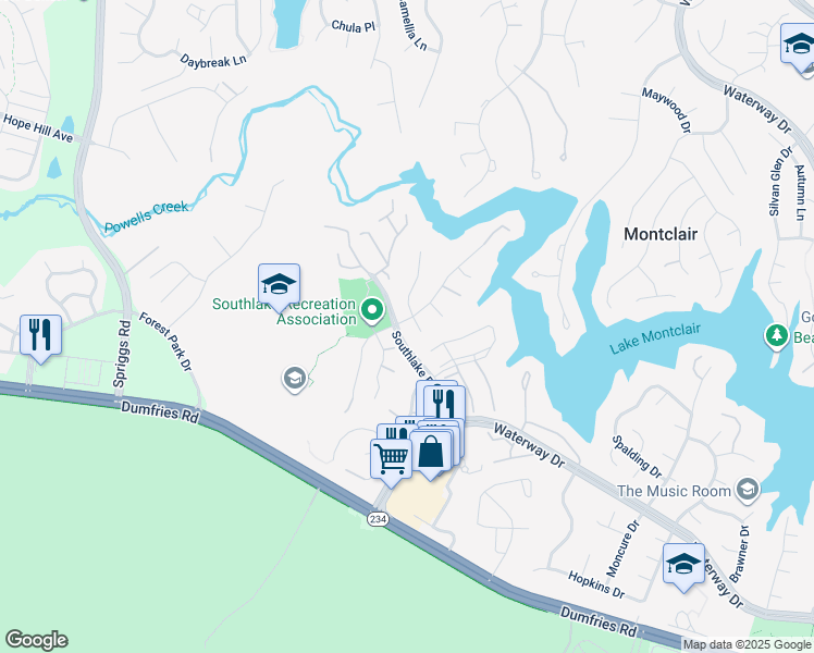 map of restaurants, bars, coffee shops, grocery stores, and more near 15560 Trisail Court in Dumfries