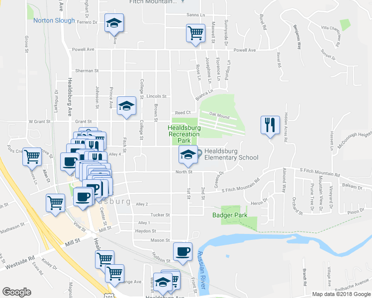 map of restaurants, bars, coffee shops, grocery stores, and more near 443 1st Street in Healdsburg