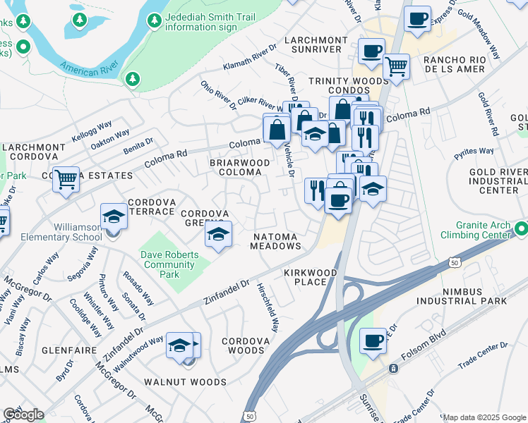 map of restaurants, bars, coffee shops, grocery stores, and more near 2372 Filmore Lane in Rancho Cordova