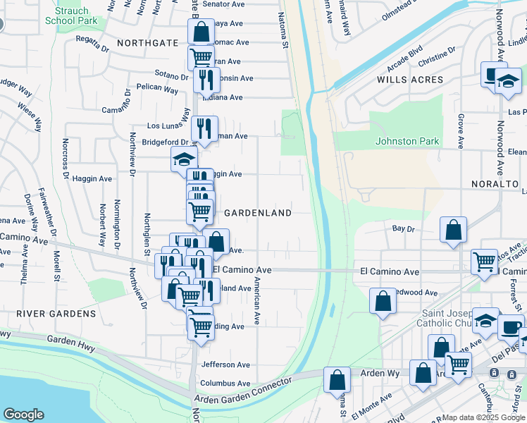 map of restaurants, bars, coffee shops, grocery stores, and more near 2714 American Avenue in Sacramento
