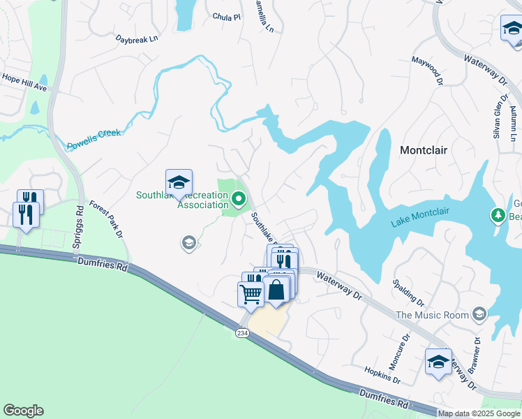 map of restaurants, bars, coffee shops, grocery stores, and more near 15560 Trisail Court in Dumfries