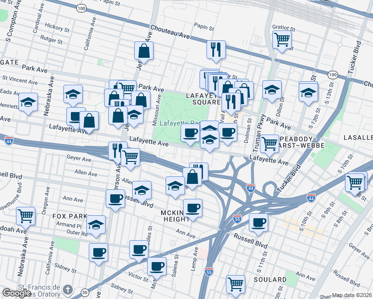 map of restaurants, bars, coffee shops, grocery stores, and more near 2040 Lafayette Avenue in St. Louis