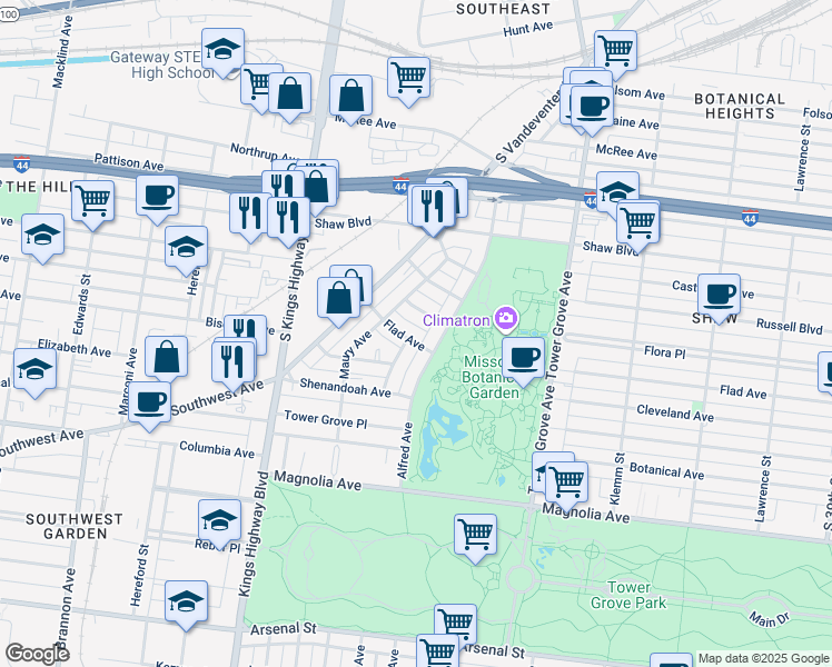 map of restaurants, bars, coffee shops, grocery stores, and more near 4536 Flora Avenue in St. Louis