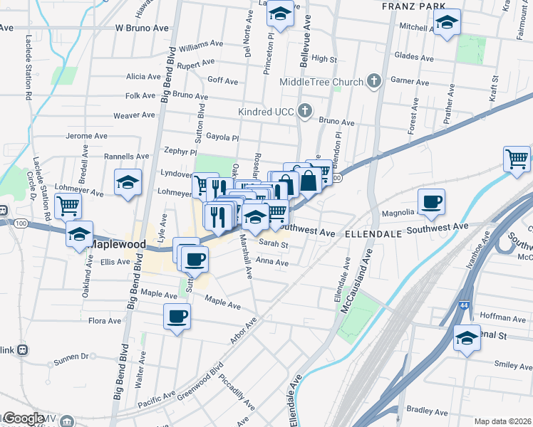 map of restaurants, bars, coffee shops, grocery stores, and more near 2627 Hope Avenue in Maplewood