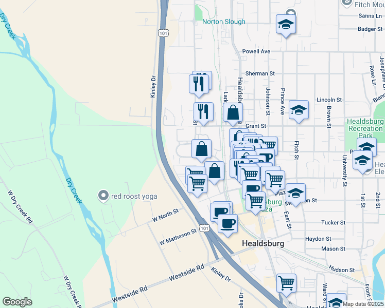 map of restaurants, bars, coffee shops, grocery stores, and more near 245 Foss Creek Circle in Healdsburg