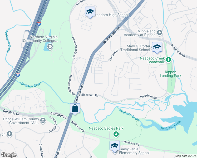 map of restaurants, bars, coffee shops, grocery stores, and more near 15722 John Diskin Circle in Woodbridge