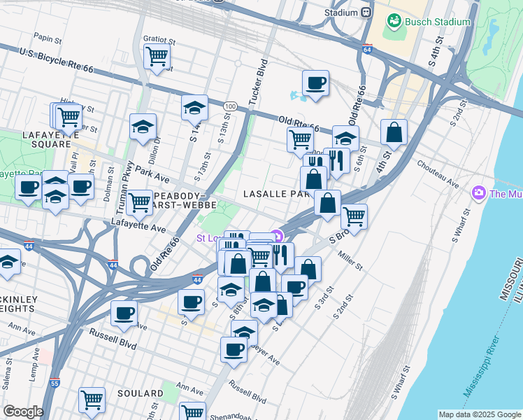 map of restaurants, bars, coffee shops, grocery stores, and more near 941 Park Avenue in St. Louis