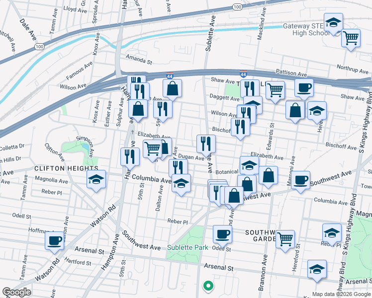 map of restaurants, bars, coffee shops, grocery stores, and more near 5543 Elizabeth Avenue in St. Louis
