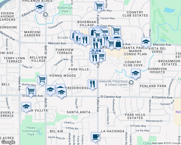 map of restaurants, bars, coffee shops, grocery stores, and more near 2633 Fulton Avenue in Sacramento