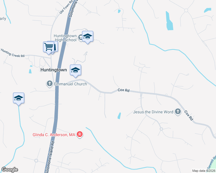 map of restaurants, bars, coffee shops, grocery stores, and more near 320 Cox Road in Huntingtown