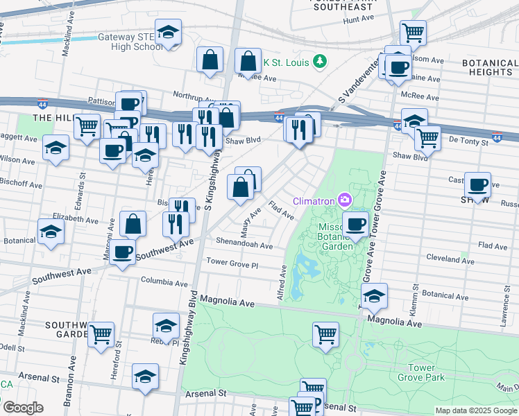 map of restaurants, bars, coffee shops, grocery stores, and more near 2117 Maury Avenue in Saint Louis