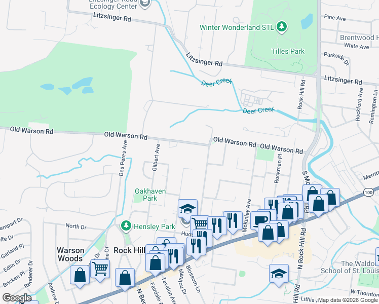 map of restaurants, bars, coffee shops, grocery stores, and more near 9758 Old Warson Road in St. Louis