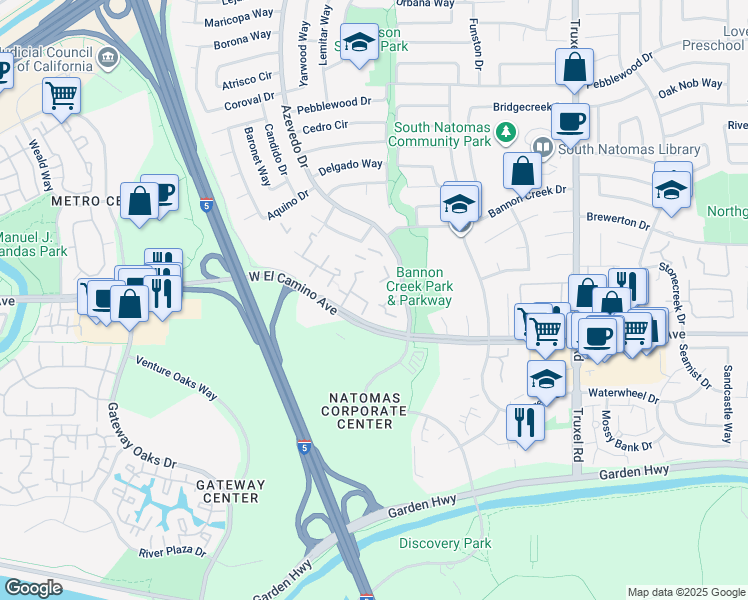 map of restaurants, bars, coffee shops, grocery stores, and more near 2055 West El Camino Avenue in Sacramento