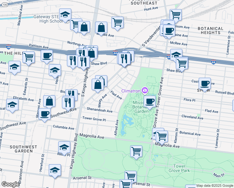 map of restaurants, bars, coffee shops, grocery stores, and more near 4536 Flora Avenue in St. Louis