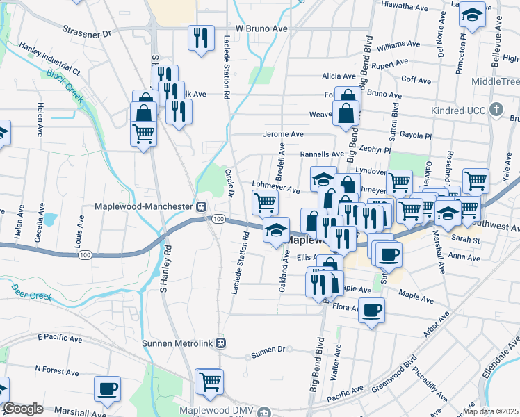 map of restaurants, bars, coffee shops, grocery stores, and more near 2632 Laclede Station Road in Maplewood