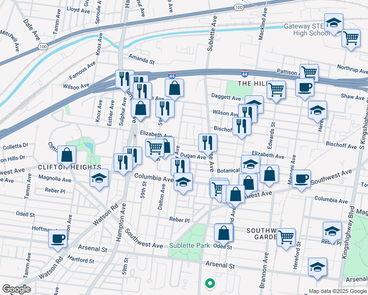 map of restaurants, bars, coffee shops, grocery stores, and more near 5571 Elizabeth Avenue in St. Louis