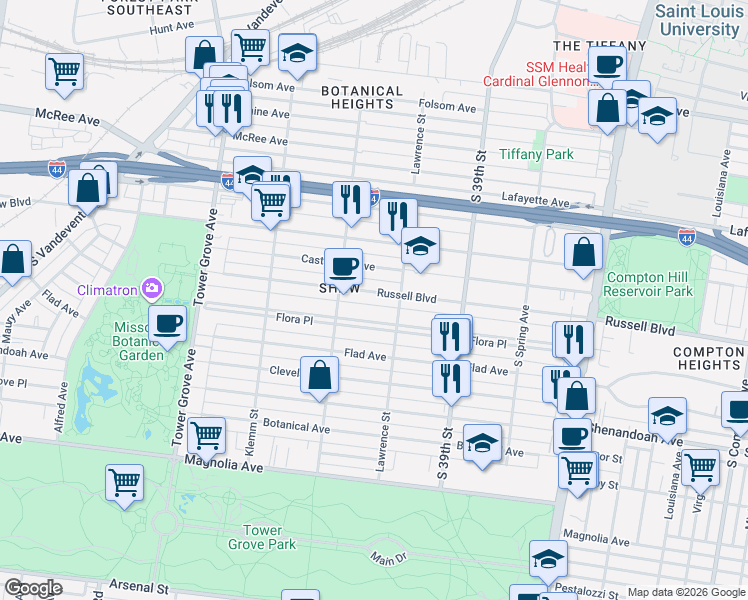 map of restaurants, bars, coffee shops, grocery stores, and more near 4021 Russell Boulevard in St. Louis