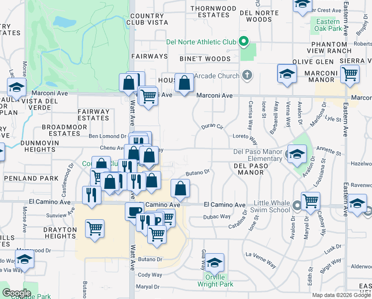 map of restaurants, bars, coffee shops, grocery stores, and more near 3682 Kings Way in Sacramento
