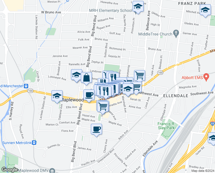 map of restaurants, bars, coffee shops, grocery stores, and more near 7355 Manchester Road in Maplewood