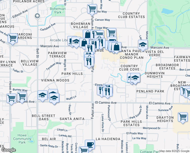 map of restaurants, bars, coffee shops, grocery stores, and more near 2636 Fulton Avenue in Sacramento