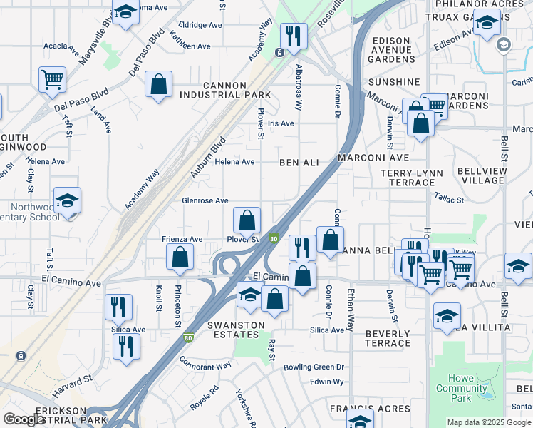map of restaurants, bars, coffee shops, grocery stores, and more near 1804 Glenrose Avenue in Sacramento