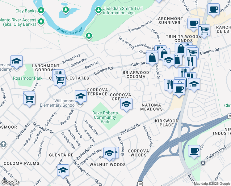map of restaurants, bars, coffee shops, grocery stores, and more near 2258 Cervantes Drive in Rancho Cordova