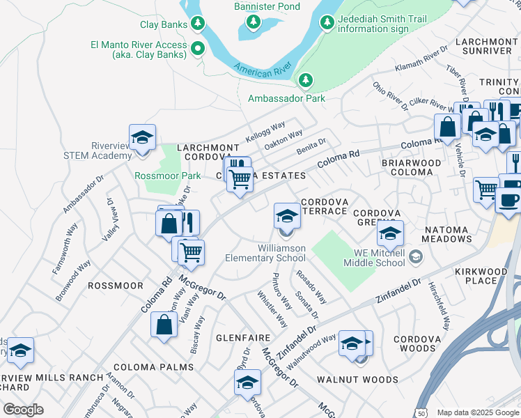 map of restaurants, bars, coffee shops, grocery stores, and more near 10780 Coloma Road in Rancho Cordova