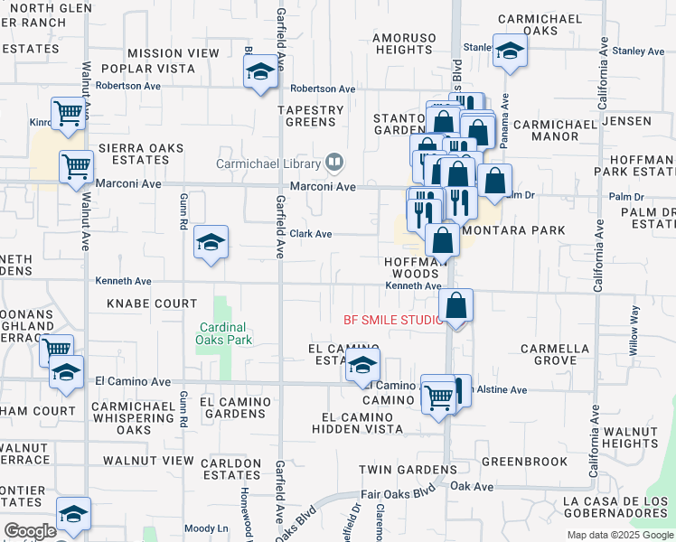 map of restaurants, bars, coffee shops, grocery stores, and more near 5600 Beauchamp Court in Carmichael