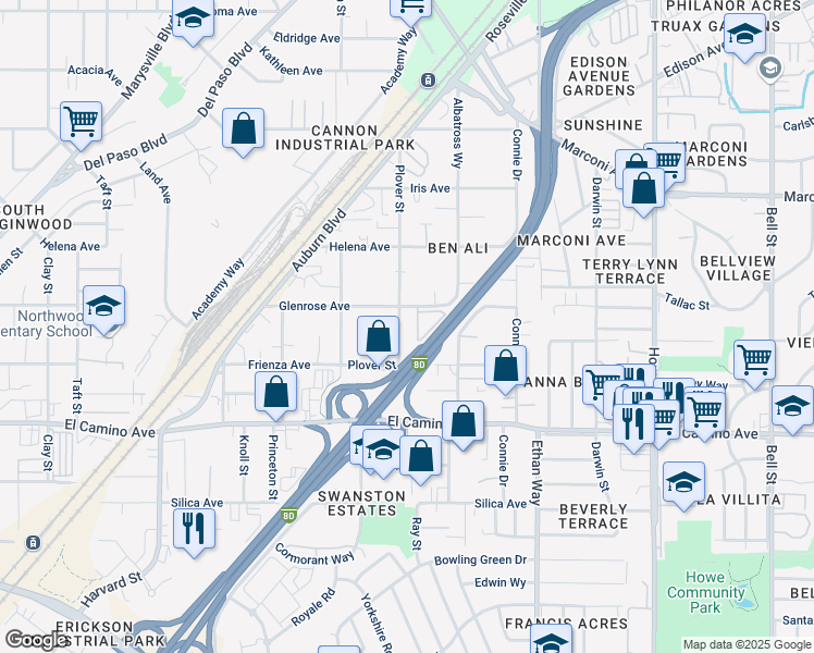 map of restaurants, bars, coffee shops, grocery stores, and more near 1804 Glenrose Avenue in Sacramento