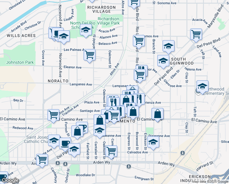 map of restaurants, bars, coffee shops, grocery stores, and more near 784 Lampasas Avenue in Sacramento