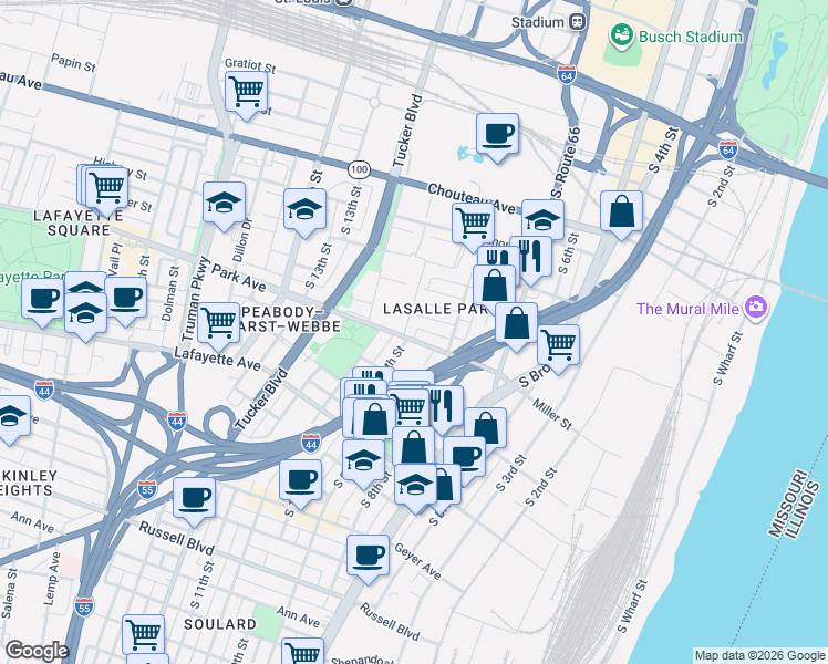 map of restaurants, bars, coffee shops, grocery stores, and more near 1340 South 10th Street in St. Louis