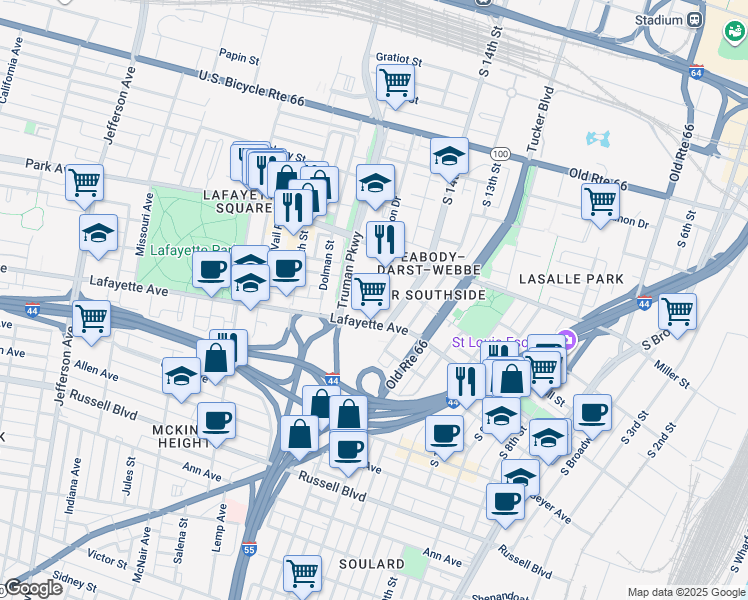 map of restaurants, bars, coffee shops, grocery stores, and more near 1419 Carroll Street in St. Louis
