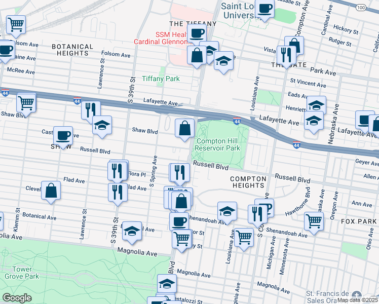 map of restaurants, bars, coffee shops, grocery stores, and more near 1919 South Grand Boulevard in St. Louis