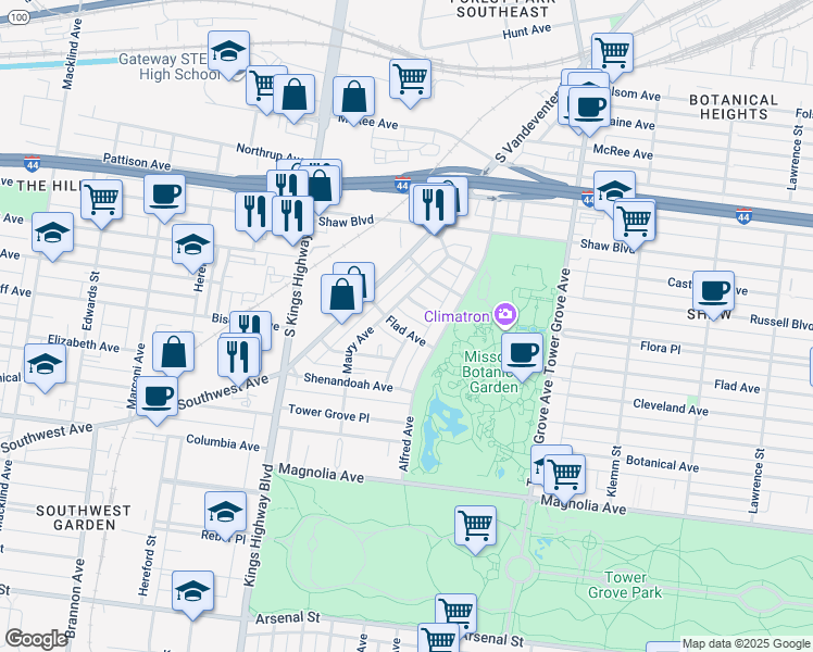 map of restaurants, bars, coffee shops, grocery stores, and more near 4536 Flora Avenue in St. Louis