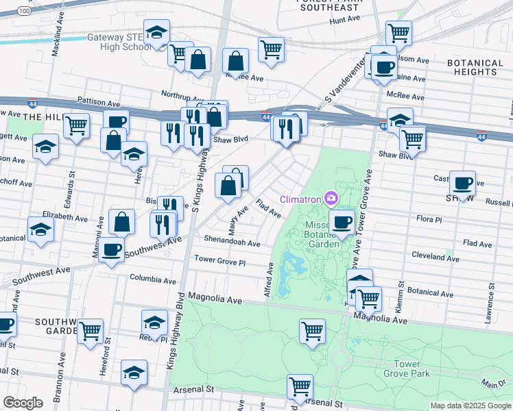 map of restaurants, bars, coffee shops, grocery stores, and more near 2103 Maury Avenue in St. Louis