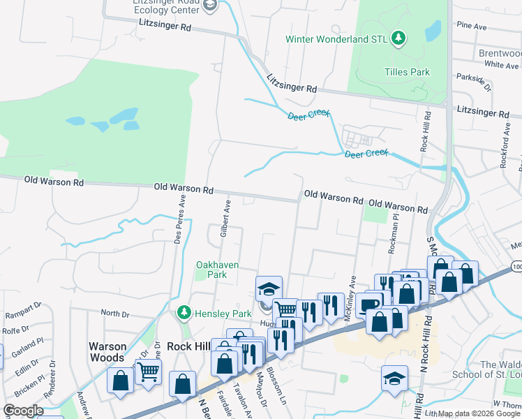 map of restaurants, bars, coffee shops, grocery stores, and more near 9758 Old Warson Road in St. Louis
