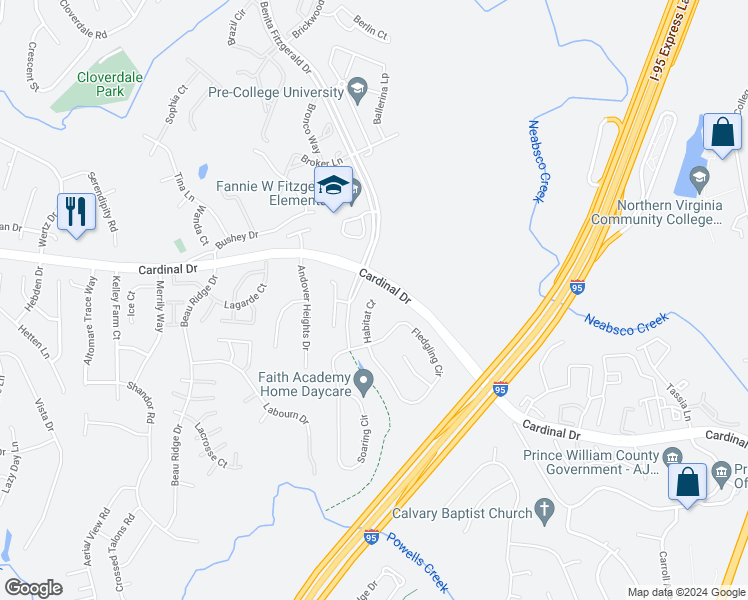 map of restaurants, bars, coffee shops, grocery stores, and more near Habitat Court in Woodbridge