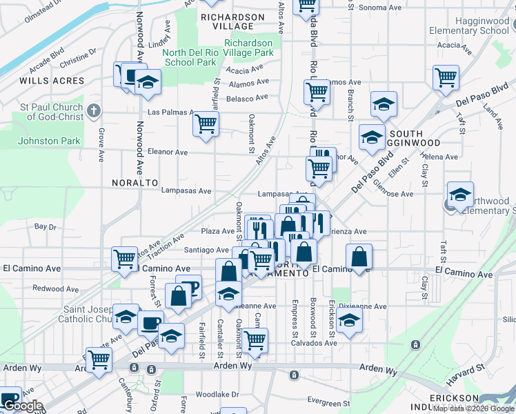 map of restaurants, bars, coffee shops, grocery stores, and more near 751 Bowles Street in Sacramento