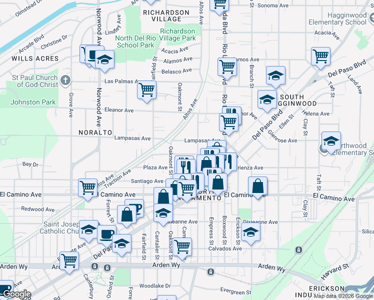 map of restaurants, bars, coffee shops, grocery stores, and more near 784 Lampasas Avenue in Sacramento