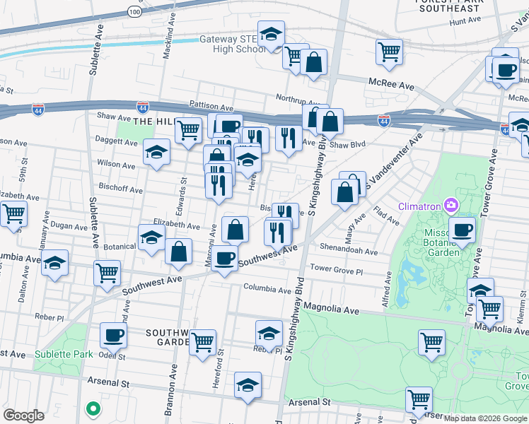 map of restaurants, bars, coffee shops, grocery stores, and more near 5004 Bischoff Avenue in St. Louis