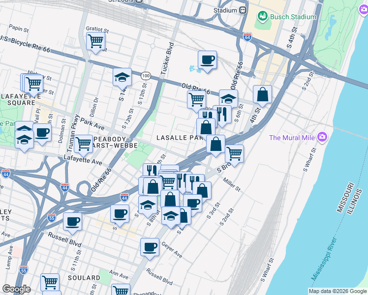 map of restaurants, bars, coffee shops, grocery stores, and more near in St. Louis